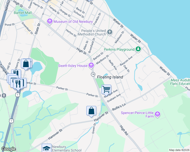 map of restaurants, bars, coffee shops, grocery stores, and more near 8 High Street in Newbury