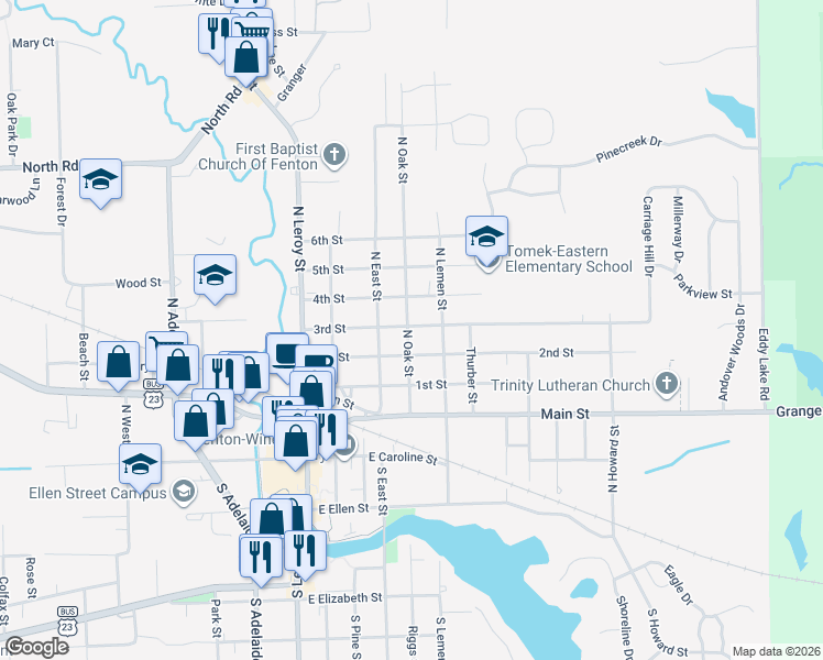 map of restaurants, bars, coffee shops, grocery stores, and more near 530 North East Street in Fenton