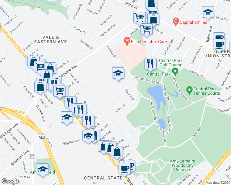map of restaurants, bars, coffee shops, grocery stores, and more near 250 Elm Street in Schenectady