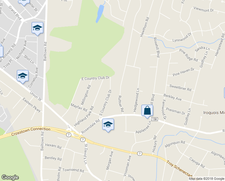 map of restaurants, bars, coffee shops, grocery stores, and more near 1178 South Country Club Drive in Schenectady County