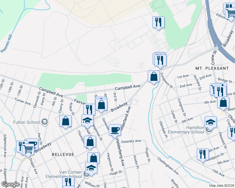 map of restaurants, bars, coffee shops, grocery stores, and more near 1713 Campbell Avenue in Schenectady