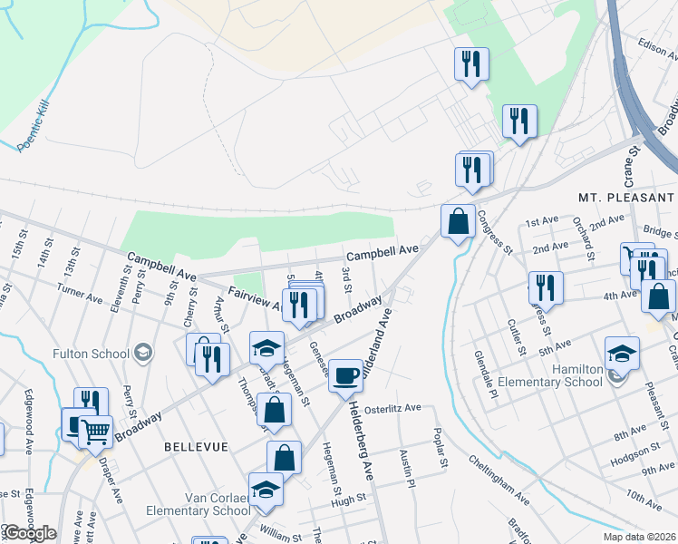 map of restaurants, bars, coffee shops, grocery stores, and more near 1825 Campbell Avenue in Schenectady