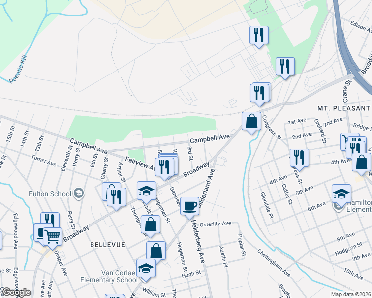 map of restaurants, bars, coffee shops, grocery stores, and more near 1825 Campbell Avenue in Schenectady