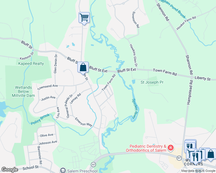 map of restaurants, bars, coffee shops, grocery stores, and more near 23 Town Farm Road in Salem