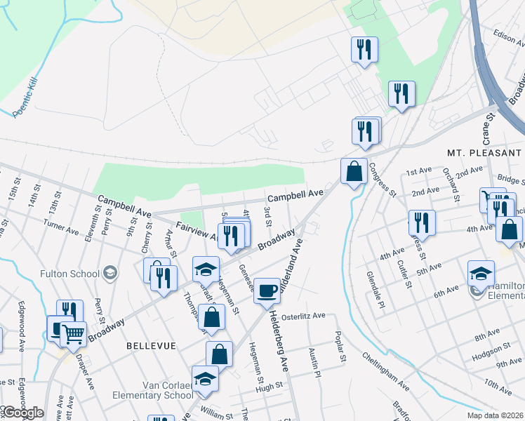 map of restaurants, bars, coffee shops, grocery stores, and more near 1713 Campbell Avenue in Schenectady
