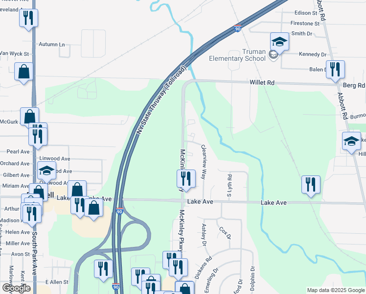 map of restaurants, bars, coffee shops, grocery stores, and more near 839 McKinley Parkway in Buffalo