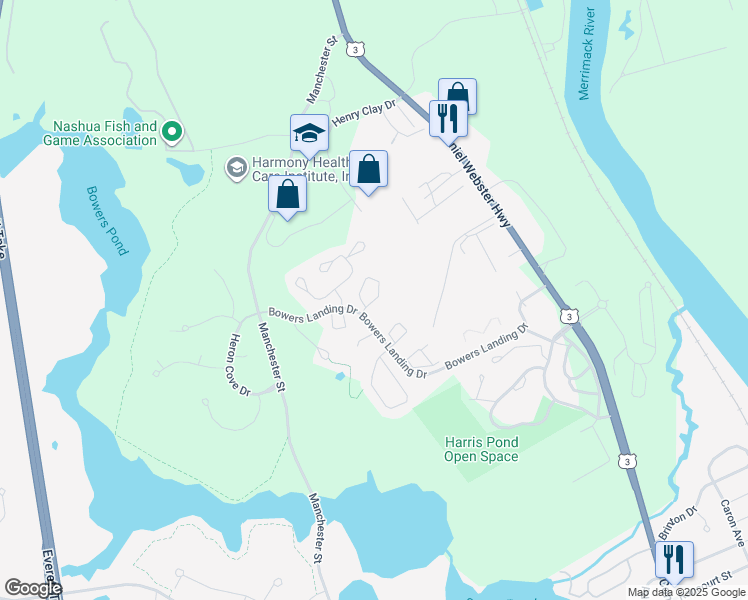 map of restaurants, bars, coffee shops, grocery stores, and more near 27 Hanna Circle in Merrimack