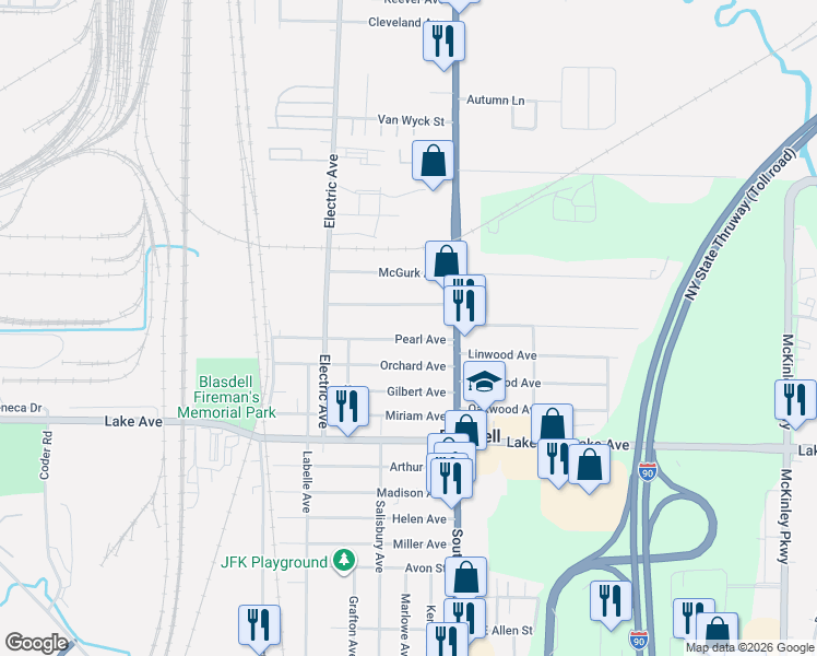 map of restaurants, bars, coffee shops, grocery stores, and more near 54 Frontier Drive in Buffalo