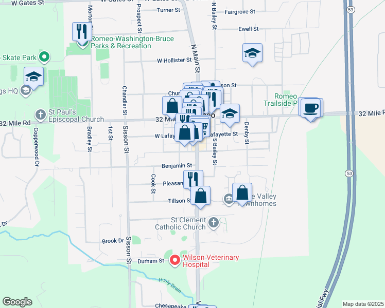 map of restaurants, bars, coffee shops, grocery stores, and more near 155 South Rawles Street in Romeo