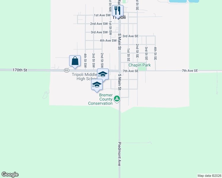 map of restaurants, bars, coffee shops, grocery stores, and more near 309 9th Avenue Southwest in Tripoli