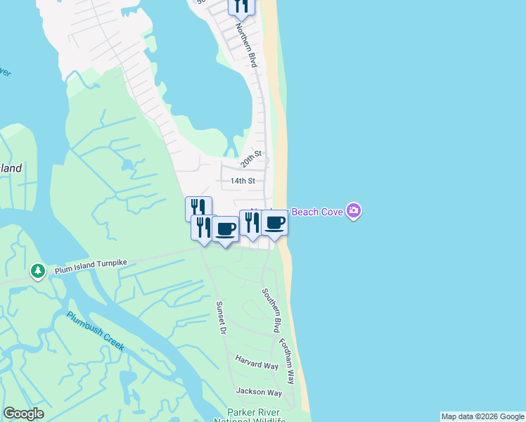 map of restaurants, bars, coffee shops, grocery stores, and more near 25 Northern Boulevard in Newbury
