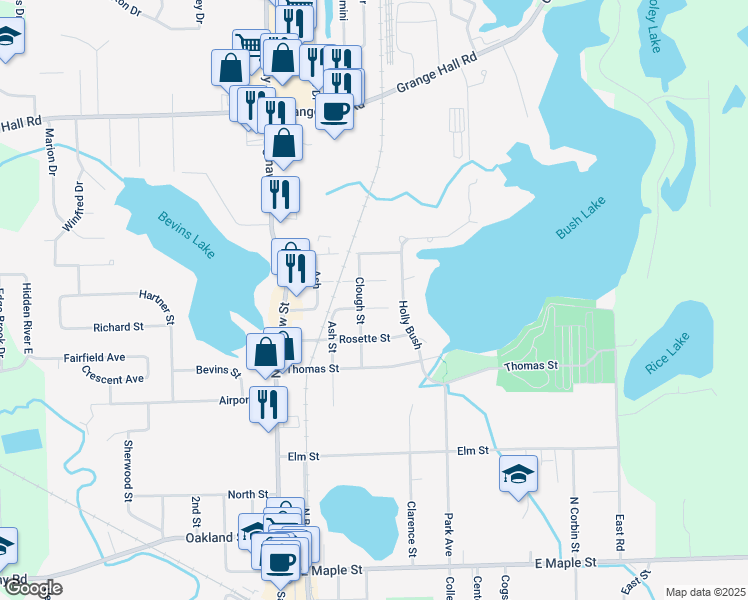 map of restaurants, bars, coffee shops, grocery stores, and more near 404 Lakeview Street in Holly