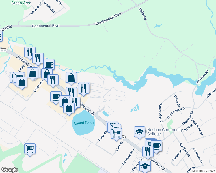 map of restaurants, bars, coffee shops, grocery stores, and more near 3 Knights Bridge Drive in Nashua