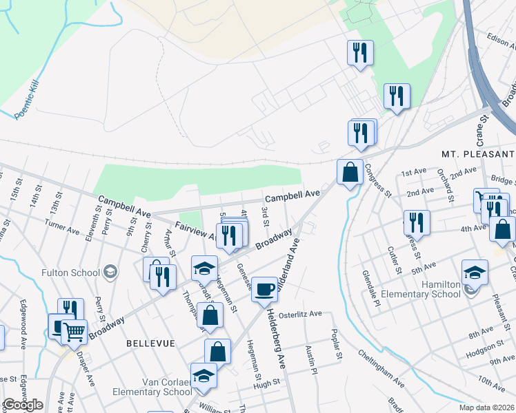 map of restaurants, bars, coffee shops, grocery stores, and more near 1825 Campbell Avenue in Schenectady