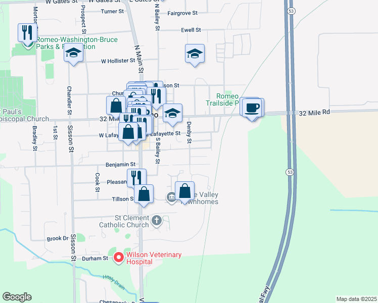 map of restaurants, bars, coffee shops, grocery stores, and more near 274 East Lafayette Street in Romeo