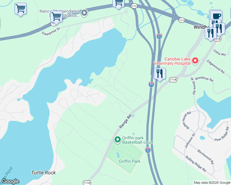 map of restaurants, bars, coffee shops, grocery stores, and more near 12 Harvest Road in Windham