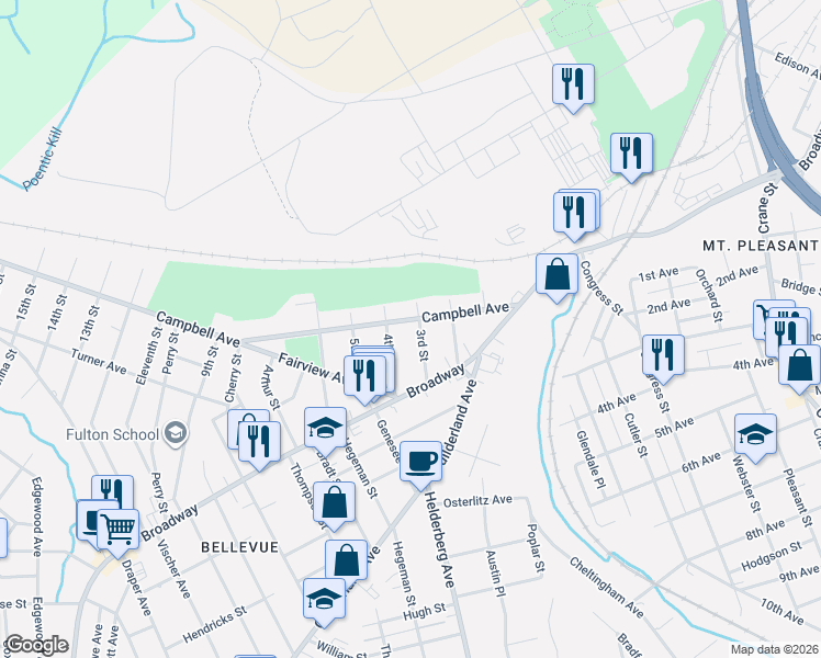 map of restaurants, bars, coffee shops, grocery stores, and more near 1825 Campbell Avenue in Schenectady