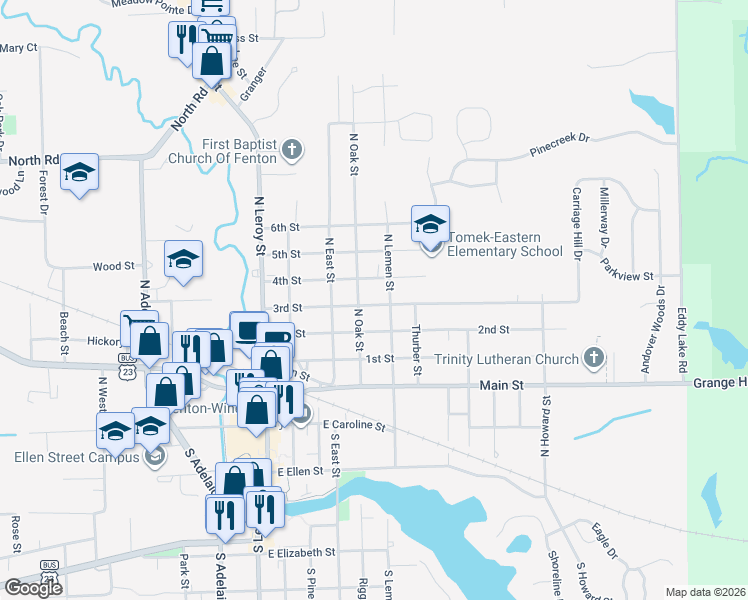 map of restaurants, bars, coffee shops, grocery stores, and more near 509 North Lemen Street in Fenton