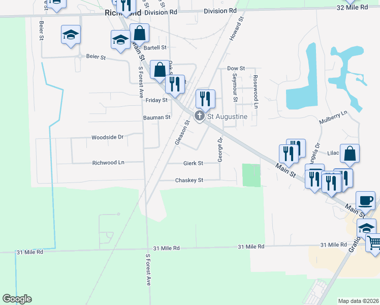 map of restaurants, bars, coffee shops, grocery stores, and more near 36340 Franklin Street in Richmond