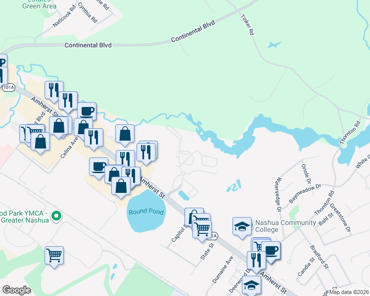 map of restaurants, bars, coffee shops, grocery stores, and more near 3 Knights Bridge Drive in Nashua
