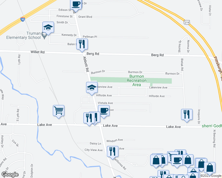 map of restaurants, bars, coffee shops, grocery stores, and more near 175 Lakeview Avenue in Orchard Park