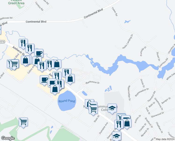 map of restaurants, bars, coffee shops, grocery stores, and more near in Nashua