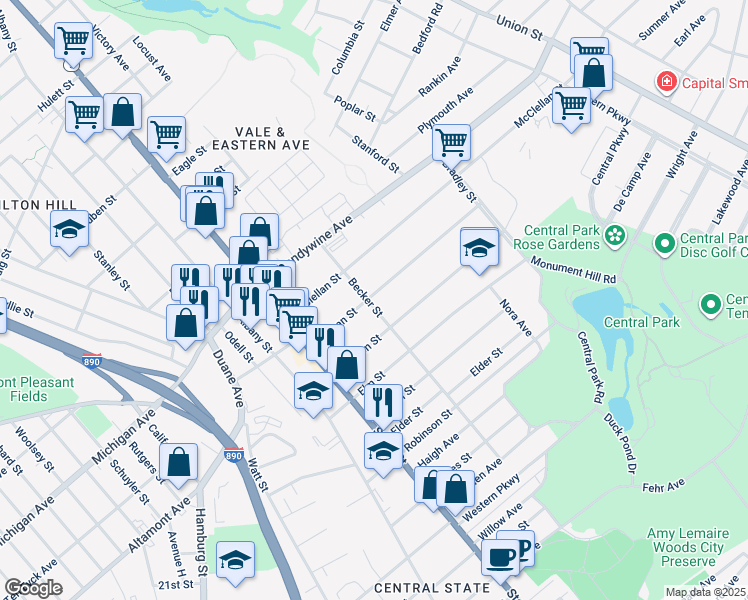 map of restaurants, bars, coffee shops, grocery stores, and more near 1579 Becker Street in Schenectady