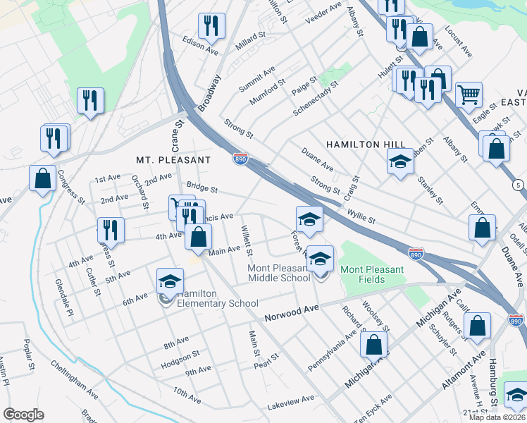map of restaurants, bars, coffee shops, grocery stores, and more near 1018 Bridge Street in Schenectady