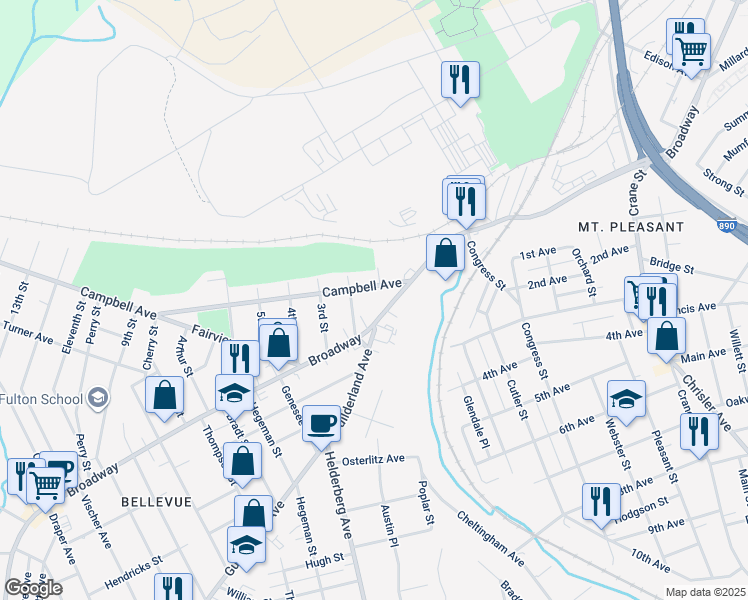 map of restaurants, bars, coffee shops, grocery stores, and more near 1665 Campbell Avenue in Schenectady
