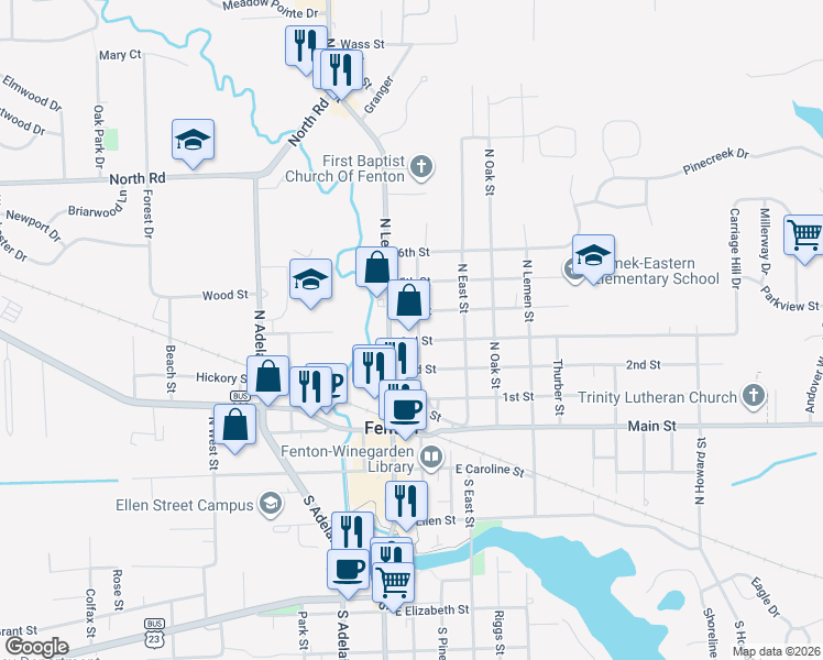map of restaurants, bars, coffee shops, grocery stores, and more near 526 North Leroy Street in Fenton