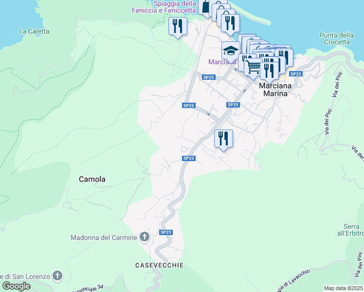 map of restaurants, bars, coffee shops, grocery stores, and more near 12 Località Ontanelli in Marciana Marina
