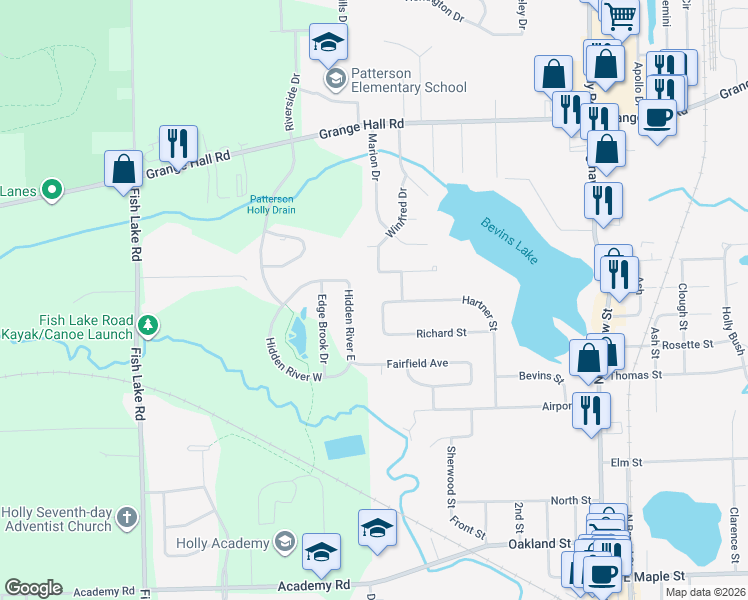 map of restaurants, bars, coffee shops, grocery stores, and more near 723 Janice in Holly