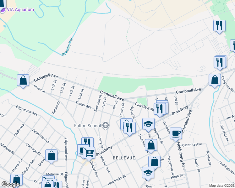 map of restaurants, bars, coffee shops, grocery stores, and more near 2301 Campbell Avenue in Schenectady