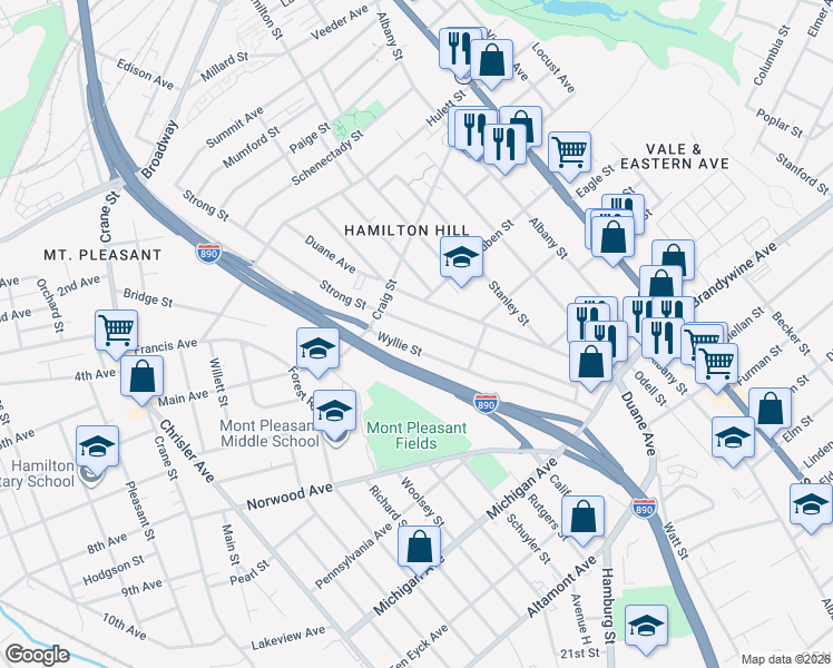 map of restaurants, bars, coffee shops, grocery stores, and more near 931 Strong Street in Schenectady