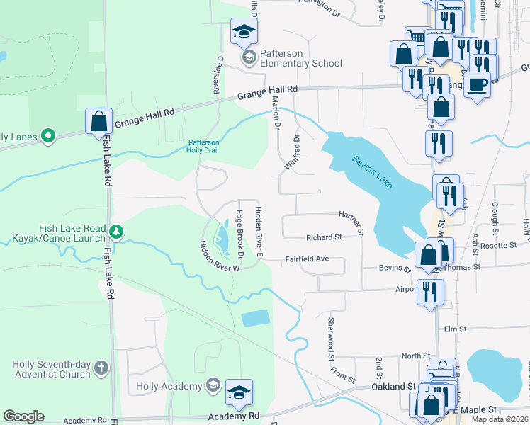 map of restaurants, bars, coffee shops, grocery stores, and more near 723 Janice in Holly