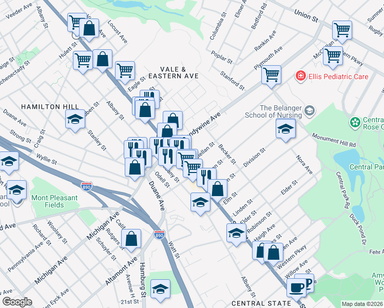 map of restaurants, bars, coffee shops, grocery stores, and more near 22 North Brandywine Avenue in Schenectady