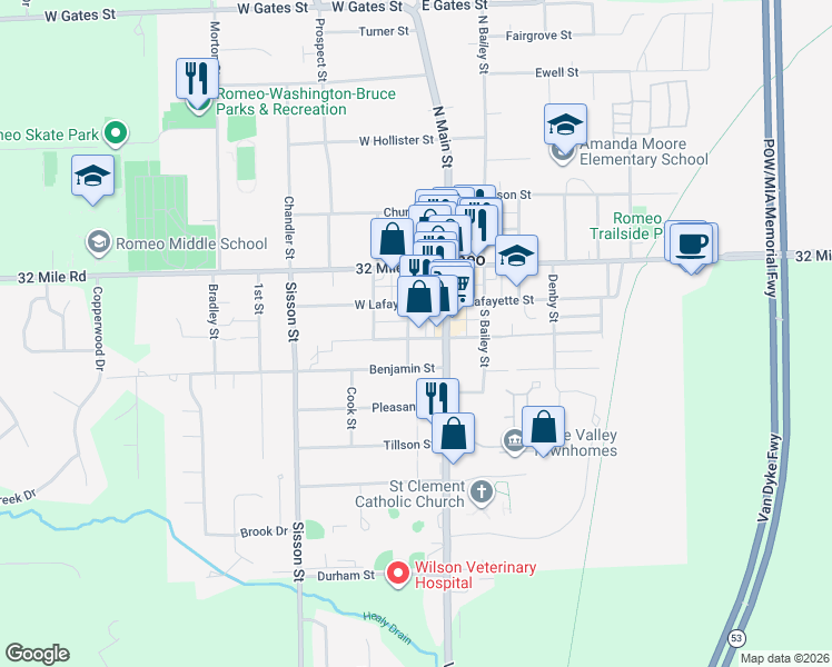 map of restaurants, bars, coffee shops, grocery stores, and more near 155 South Rawles Street in Romeo