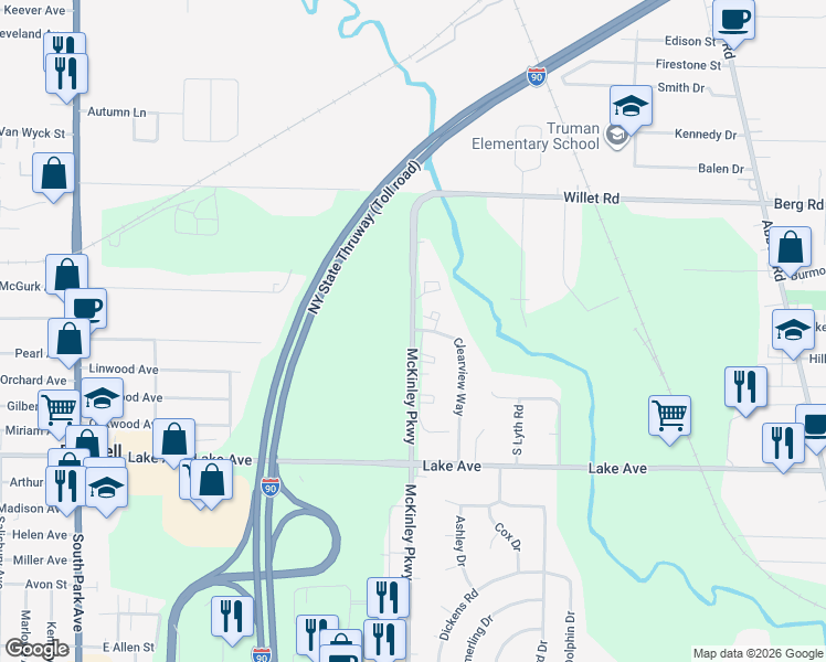 map of restaurants, bars, coffee shops, grocery stores, and more near 75 McKinley Parkway in Buffalo