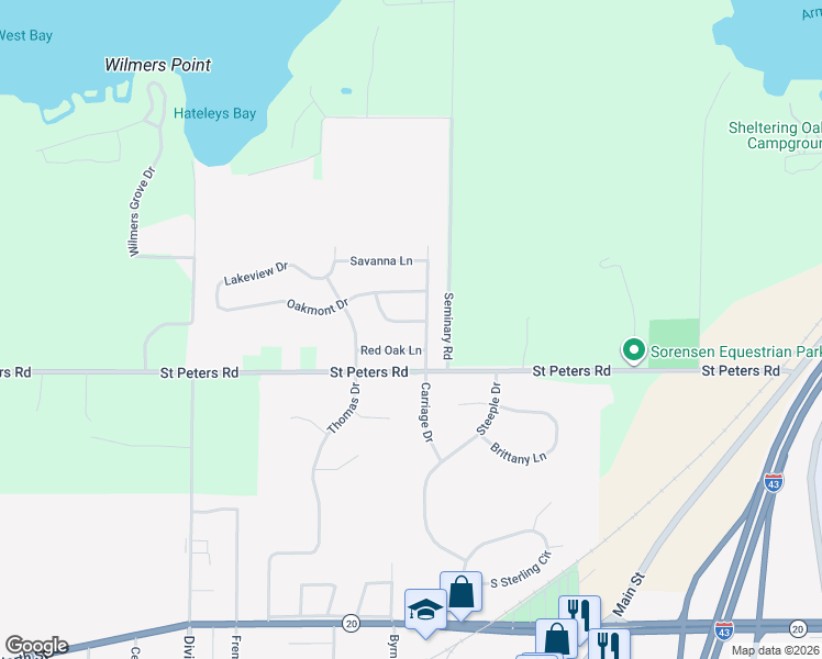map of restaurants, bars, coffee shops, grocery stores, and more near Carriage Drive in East Troy