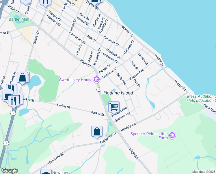 map of restaurants, bars, coffee shops, grocery stores, and more near 5R High Road in Newbury