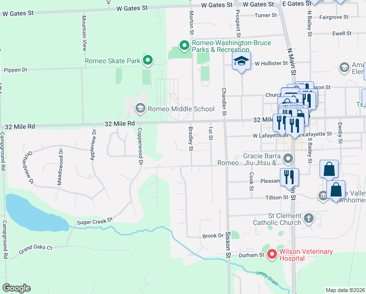 map of restaurants, bars, coffee shops, grocery stores, and more near 107 Michelle Drive in Romeo