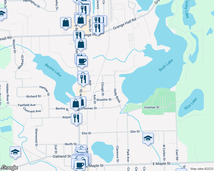 map of restaurants, bars, coffee shops, grocery stores, and more near 404 Lakeview St in Holly
