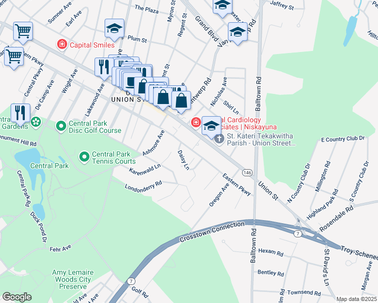 map of restaurants, bars, coffee shops, grocery stores, and more near 2158 Eastern Parkway in Schenectady