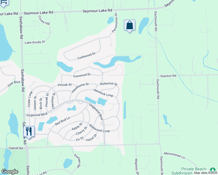 map of restaurants, bars, coffee shops, grocery stores, and more near 4438 Butternut Street in Clarkston