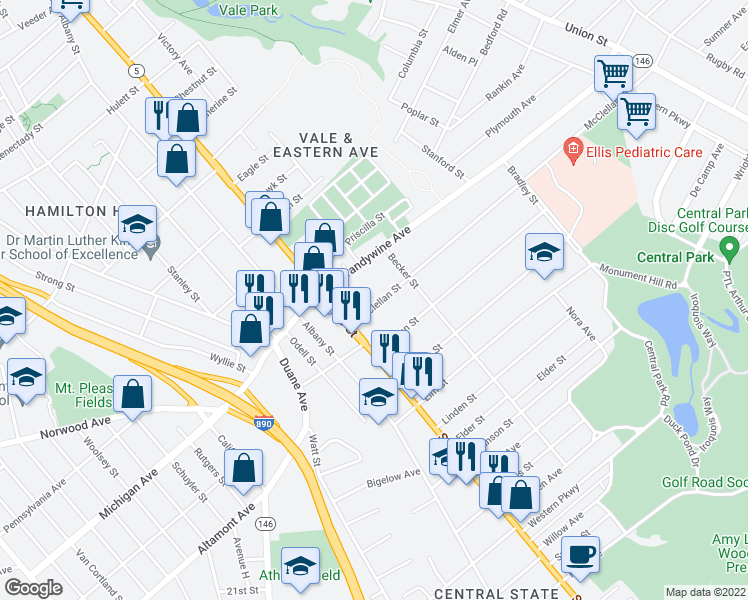 map of restaurants, bars, coffee shops, grocery stores, and more near 41 Mc Clellan Street in Schenectady