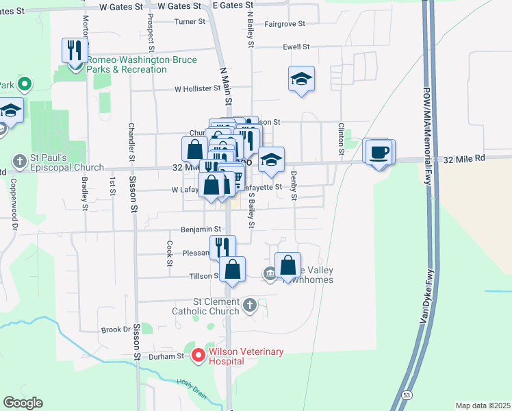 map of restaurants, bars, coffee shops, grocery stores, and more near 157 South Bailey Street in Romeo