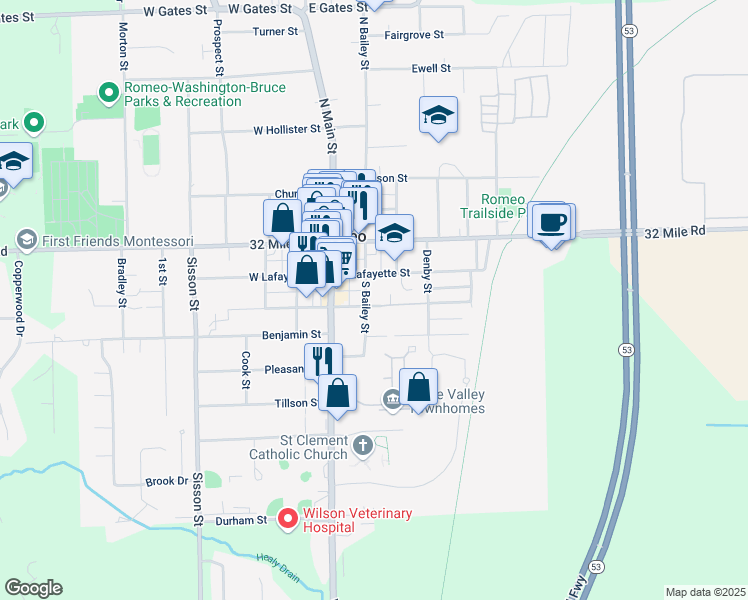 map of restaurants, bars, coffee shops, grocery stores, and more near 153 South Bailey Street in Romeo