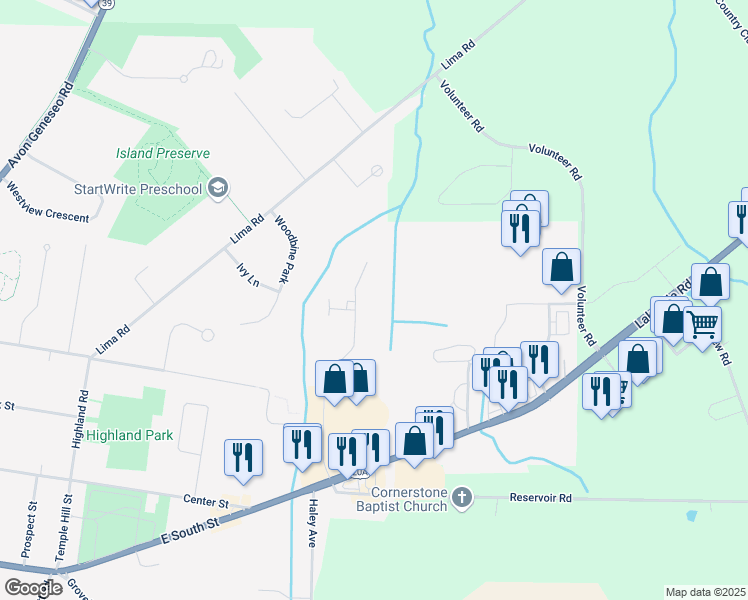 map of restaurants, bars, coffee shops, grocery stores, and more near 5603 Megan Drive in Geneseo