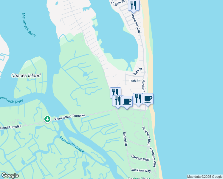 map of restaurants, bars, coffee shops, grocery stores, and more near 24 Old Point Road in Newbury