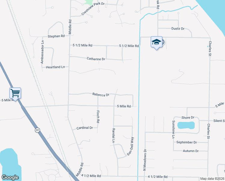 map of restaurants, bars, coffee shops, grocery stores, and more near 2512 Rebecca Drive in Racine